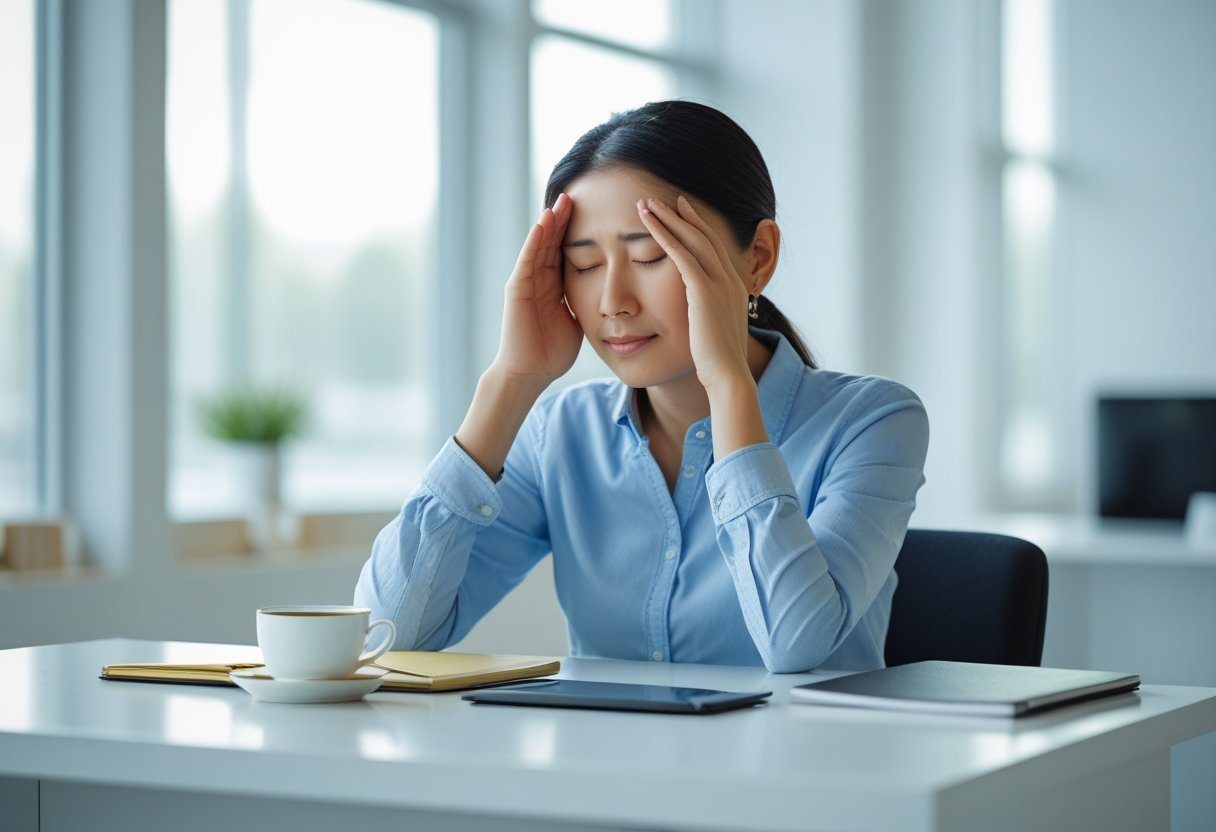 Pessoa sentada em uma mesa moderna, com expressão pensativa e olhos fechados, em um ambiente claro e tranquilo.