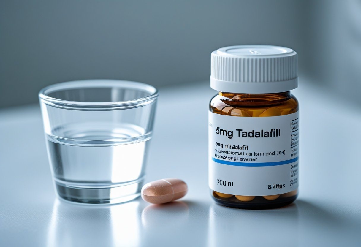 Frasco de comprimidos de tadalafila 5mg ao lado de um comprimido e um copo de água sobre uma superfície branca.