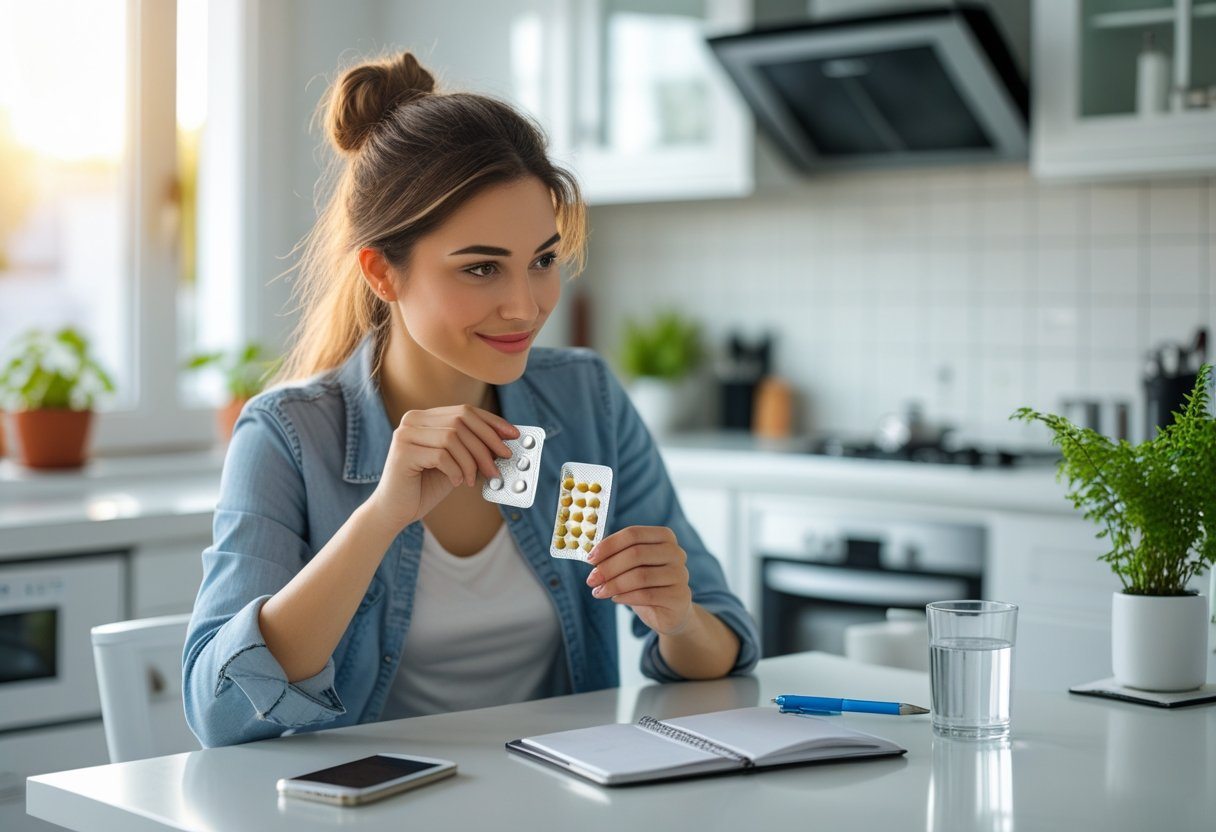 Mulher jovem sentada à mesa da cozinha segurando um blister de pílulas anticoncepcionais e um copo de água, com um calendário, celular e caderno sobre a mesa.