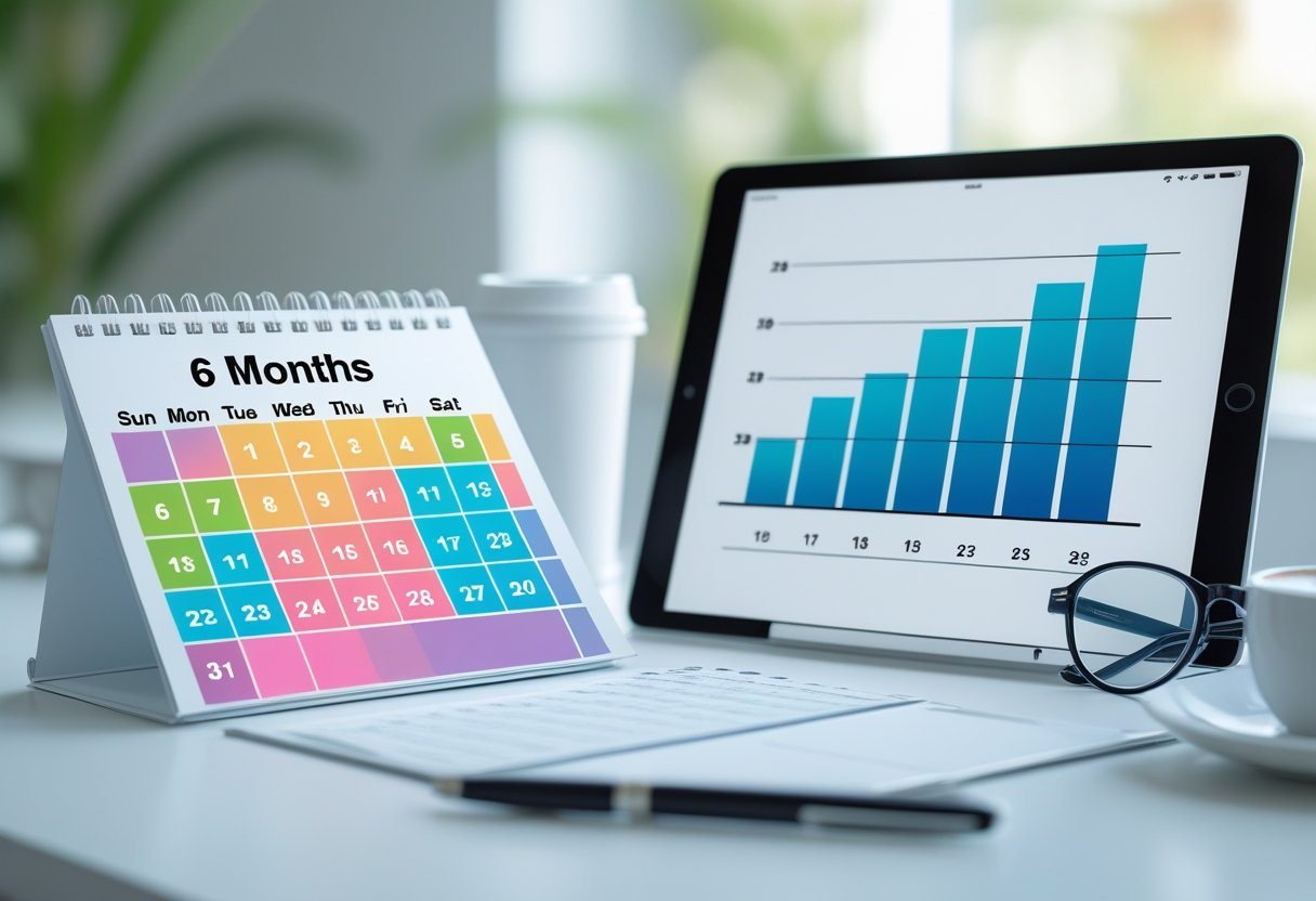 Mesa de trabalho com calendário destacando seis semanas e tablet mostrando a conversão para meses.