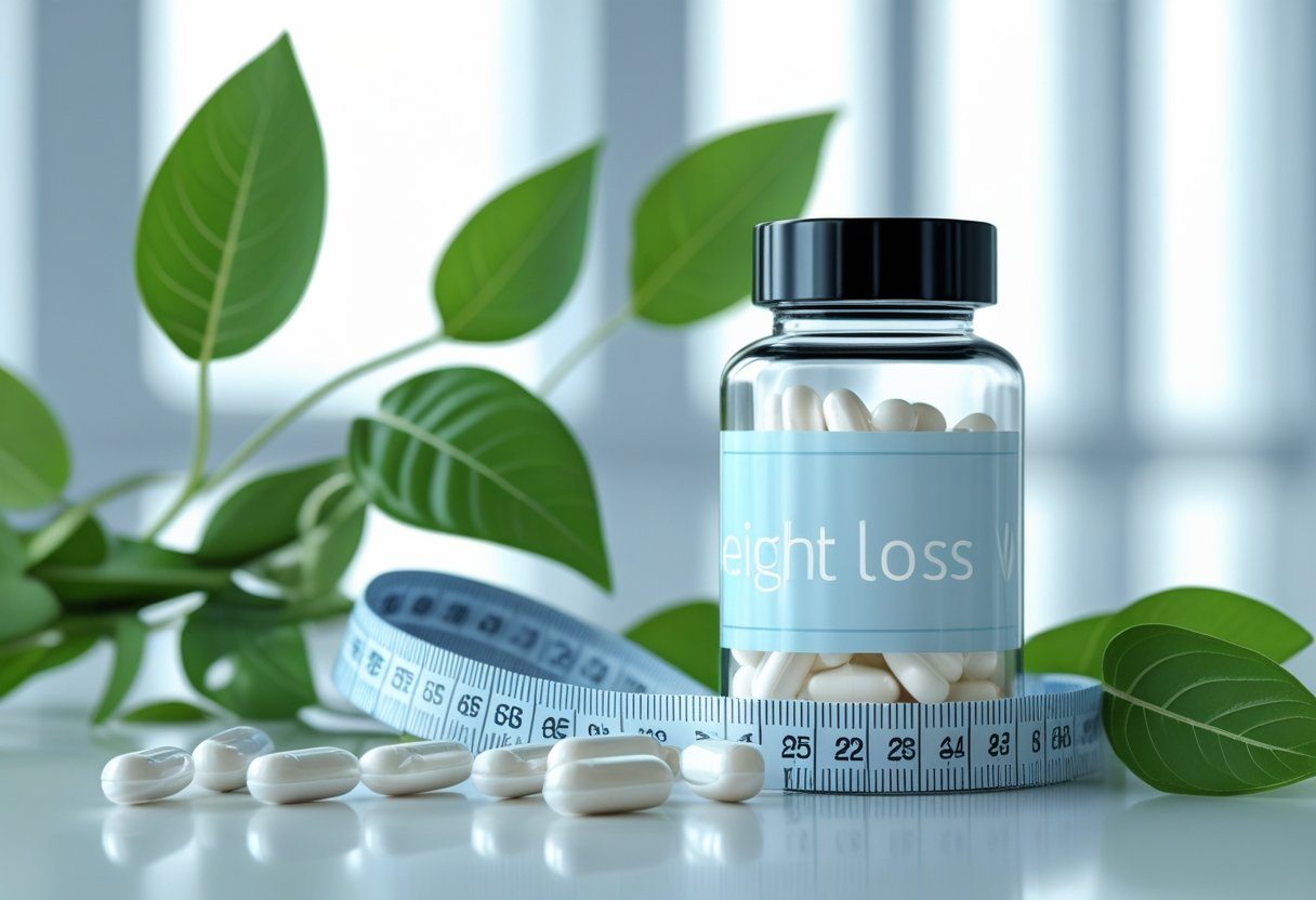 Frasco de medicamento com cápsulas brancas ao lado de folhas verdes e fita métrica em ambiente clínico iluminado.