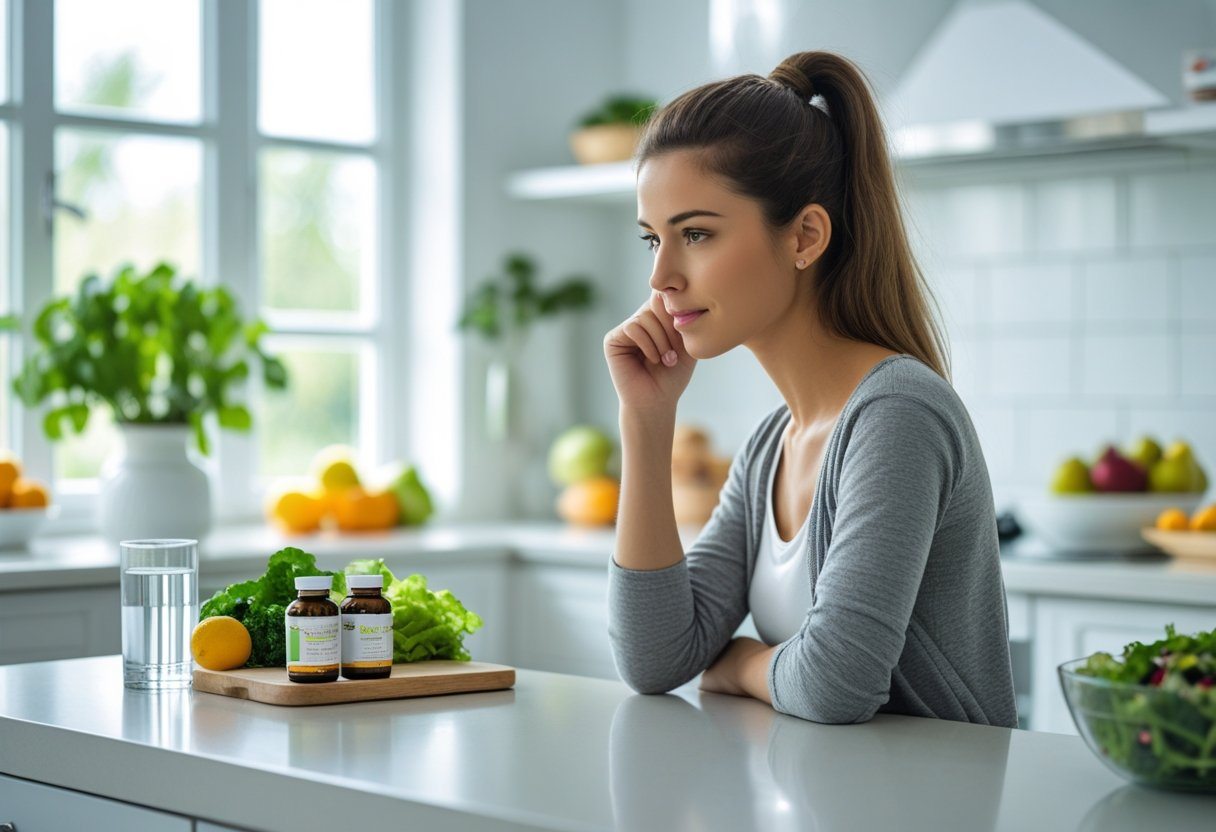 Mulher jovem em uma cozinha moderna, olhando para um frasco de suplemento dietético sobre a bancada, com frutas e legumes frescos ao redor.