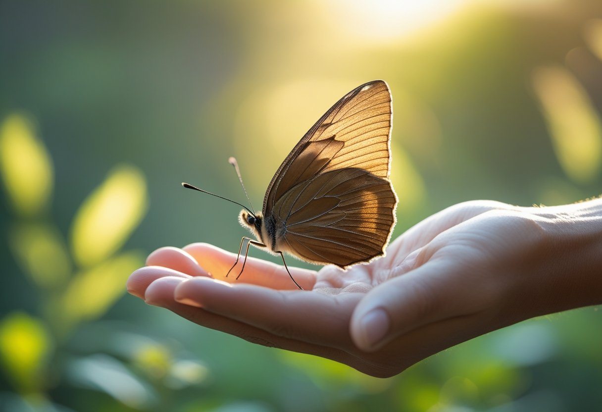 Uma borboleta marrom pousada delicadamente na mão estendida de uma pessoa, com fundo desfocado de natureza e luz suave.