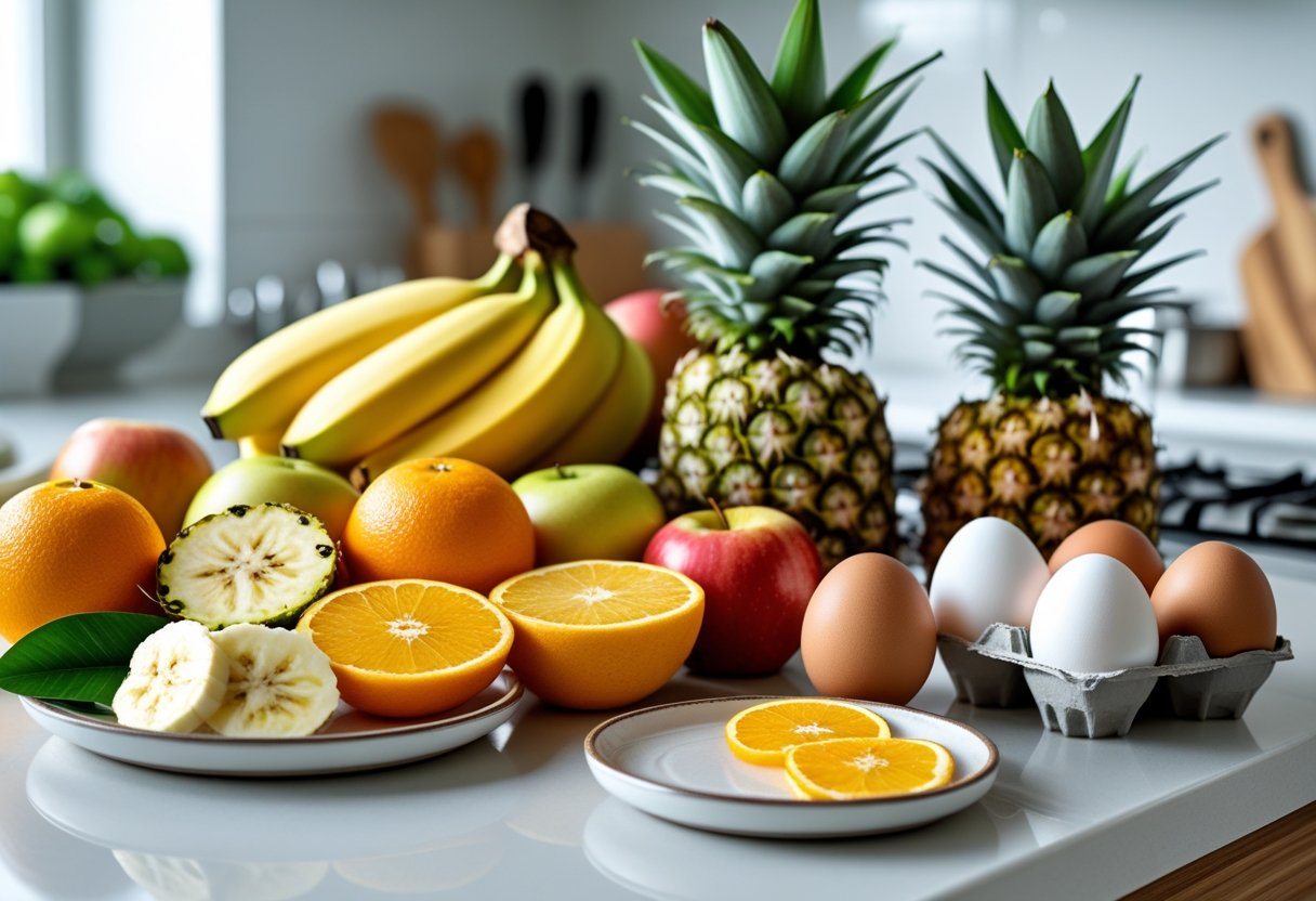 Frutas variadas e ovos frescos organizados sobre uma bancada de cozinha.