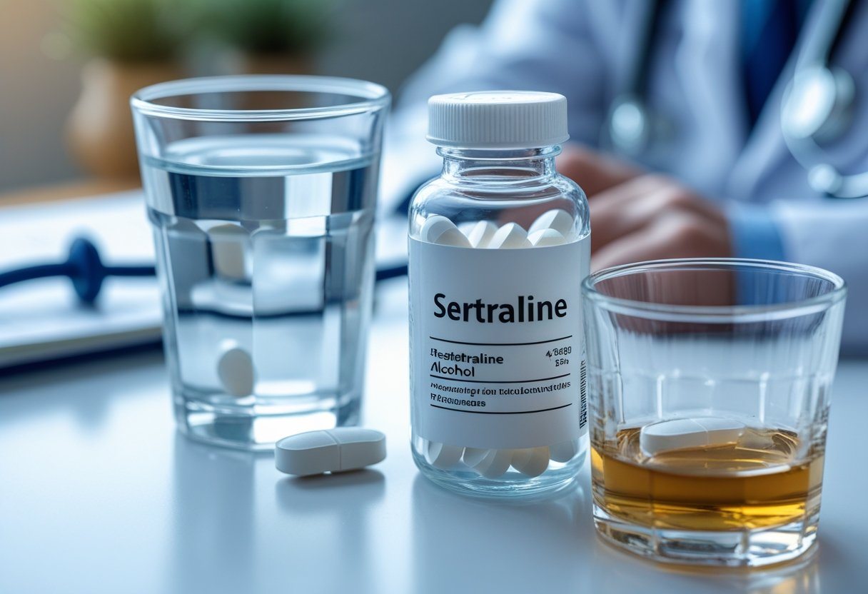 Um copo de água ao lado de um frasco de comprimidos de sertralina e um copo com bebida alcoólica em uma superfície branca, com um ambiente de consulta médica ao fundo.