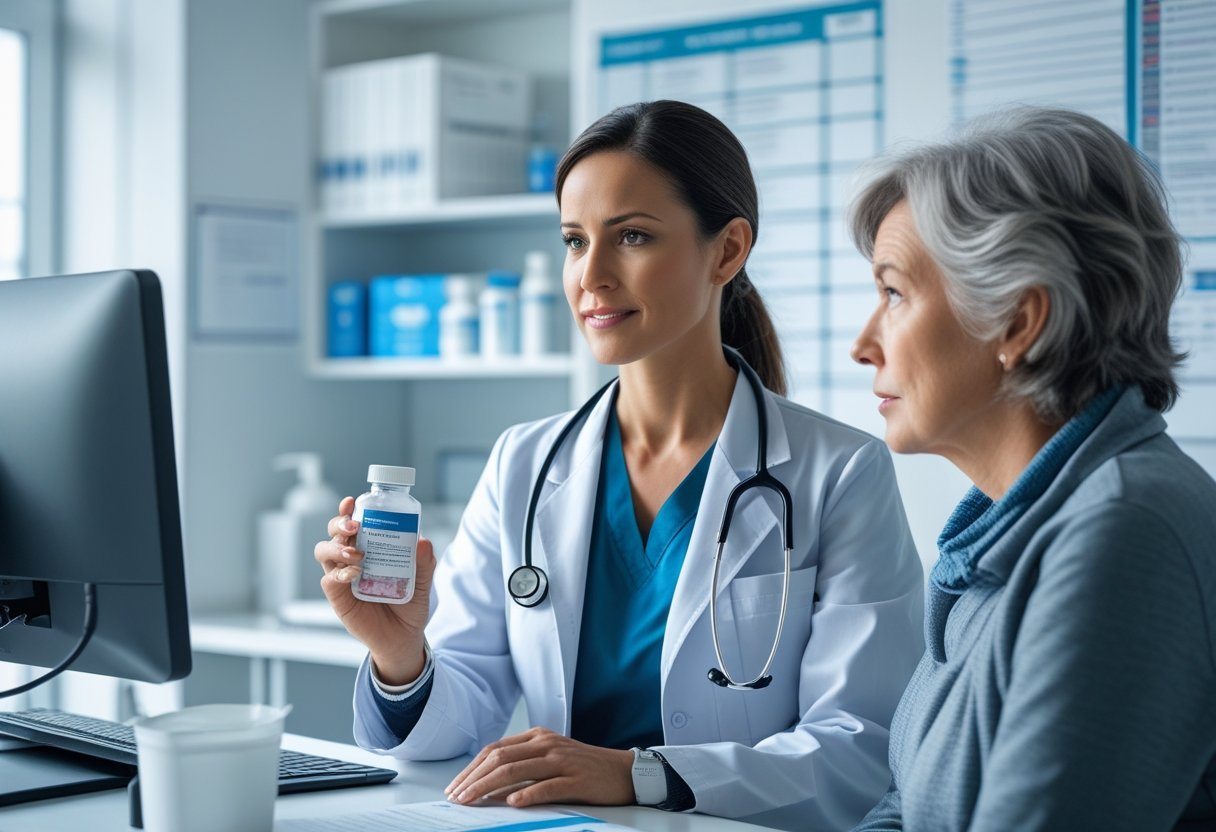 Médica conversando com paciente em consultório médico moderno, explicando sobre medicação.