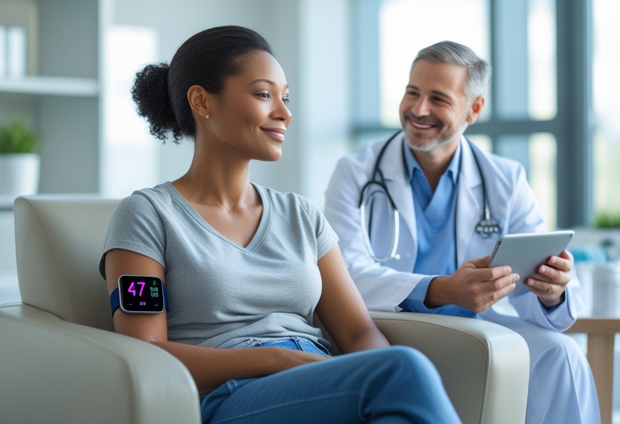 Mulher sentada em consultório médico com monitor de batimento cardíaco no pulso, enquanto profissional de saúde conversa com ela.