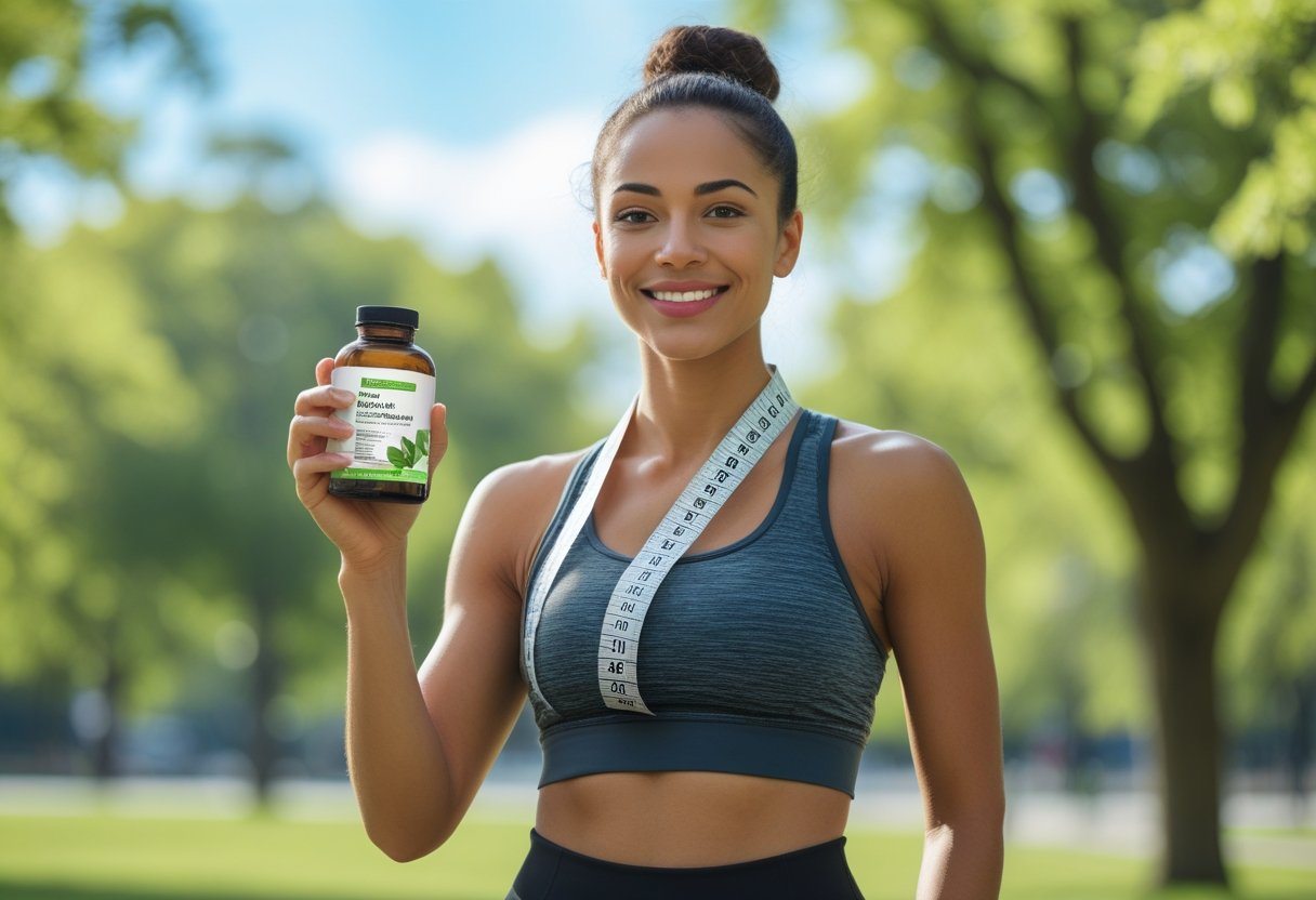 Mulher jovem sorridente em roupa esportiva segurando um frasco de suplemento natural em um parque ensolarado.