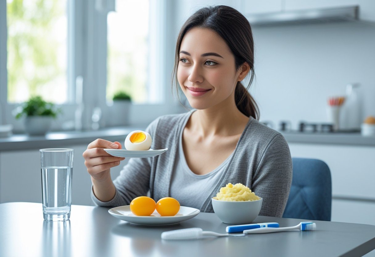 Mulher jovem sentada à mesa da cozinha segurando um prato com ovo, com itens de cuidado dental ao lado.