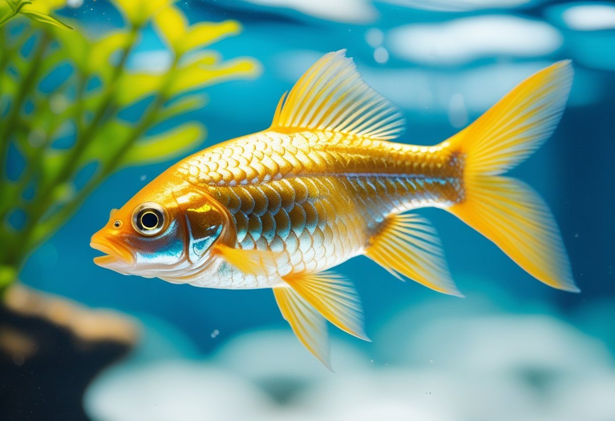 Peixe Luvis Engorda dourado nadando em água clara com plantas aquáticas ao fundo.