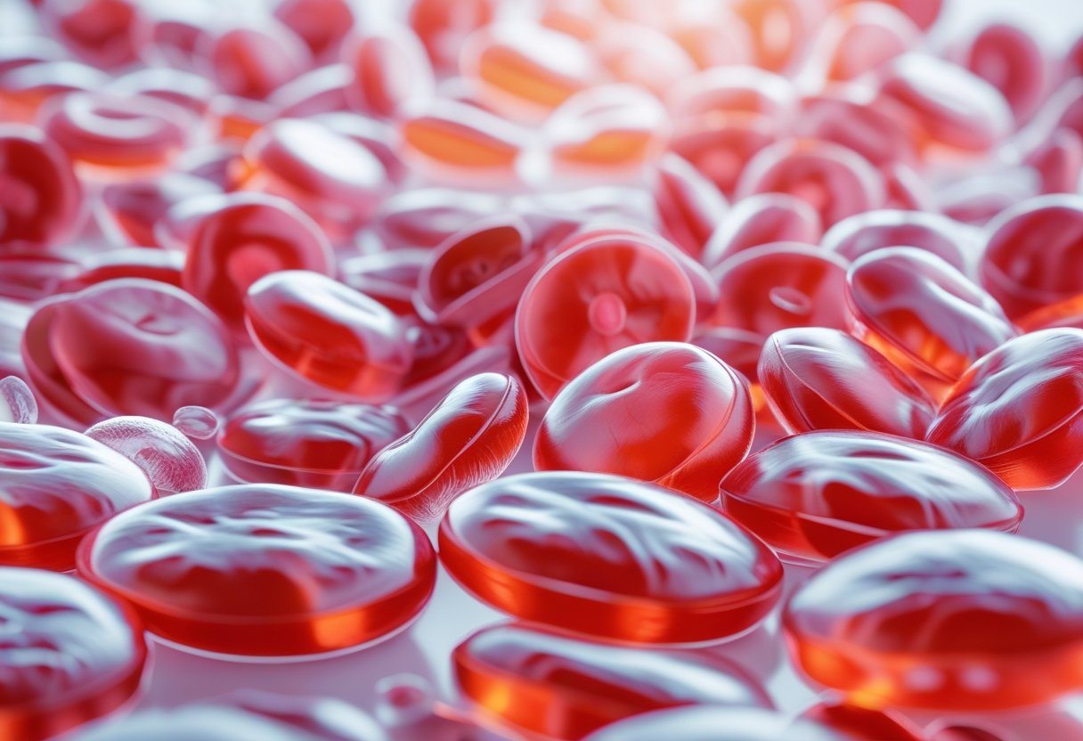 Imagem em close de muitas células vermelhas do sangue agrupadas, mostrando uma contagem alta de eritrócitos.