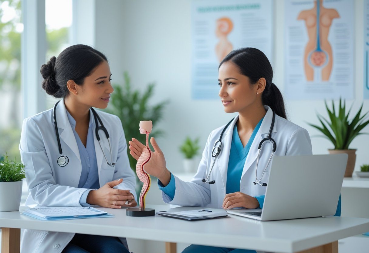 Mulher em consulta médica com médica, conversando em ambiente clínico acolhedor e profissional.