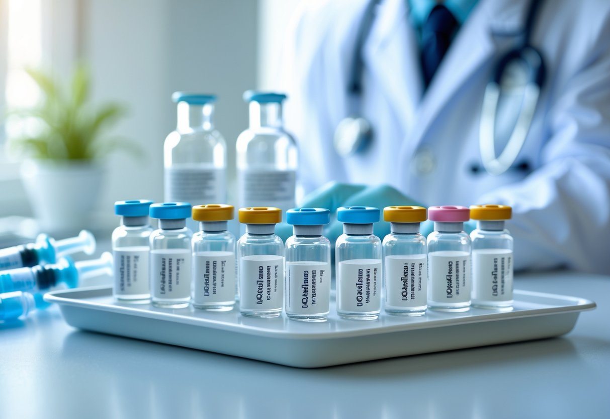 Frascos de injeções anticoncepcionais e seringas organizados em bandeja médica em ambiente clínico.