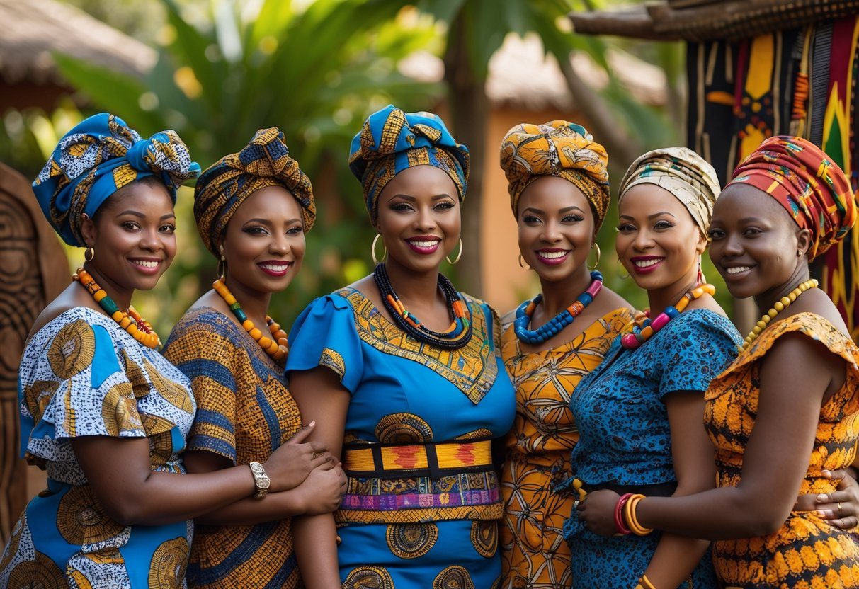 Grupo de mulheres africanas sorrindo e vestindo roupas tradicionais coloridas em um ambiente ao ar livre com vegetação.