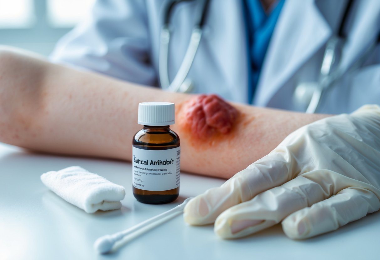 Frasco de medicamento, cotonete e luvas descartáveis próximos a um braço com um furúnculo inflamado.