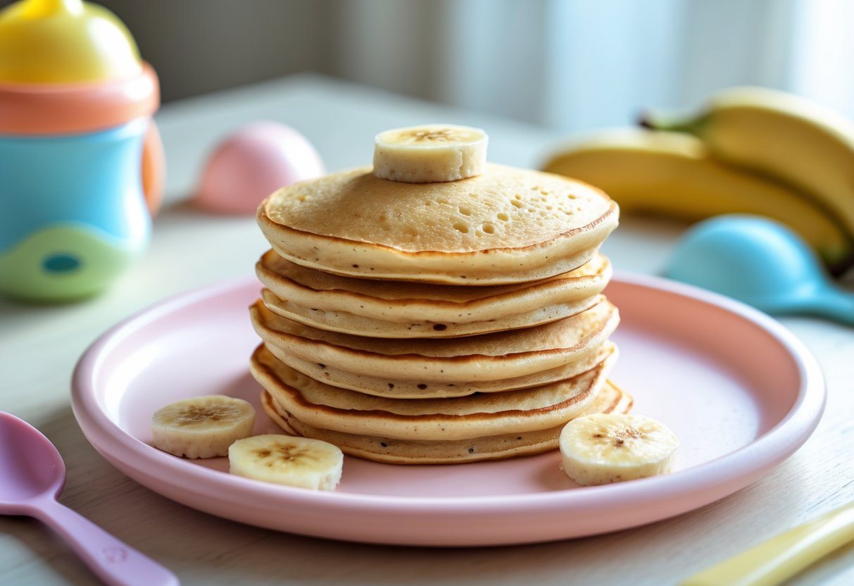 Prato com pilha de panquecas de banana para bebê em mesa de madeira com utensílios infantis ao redor.