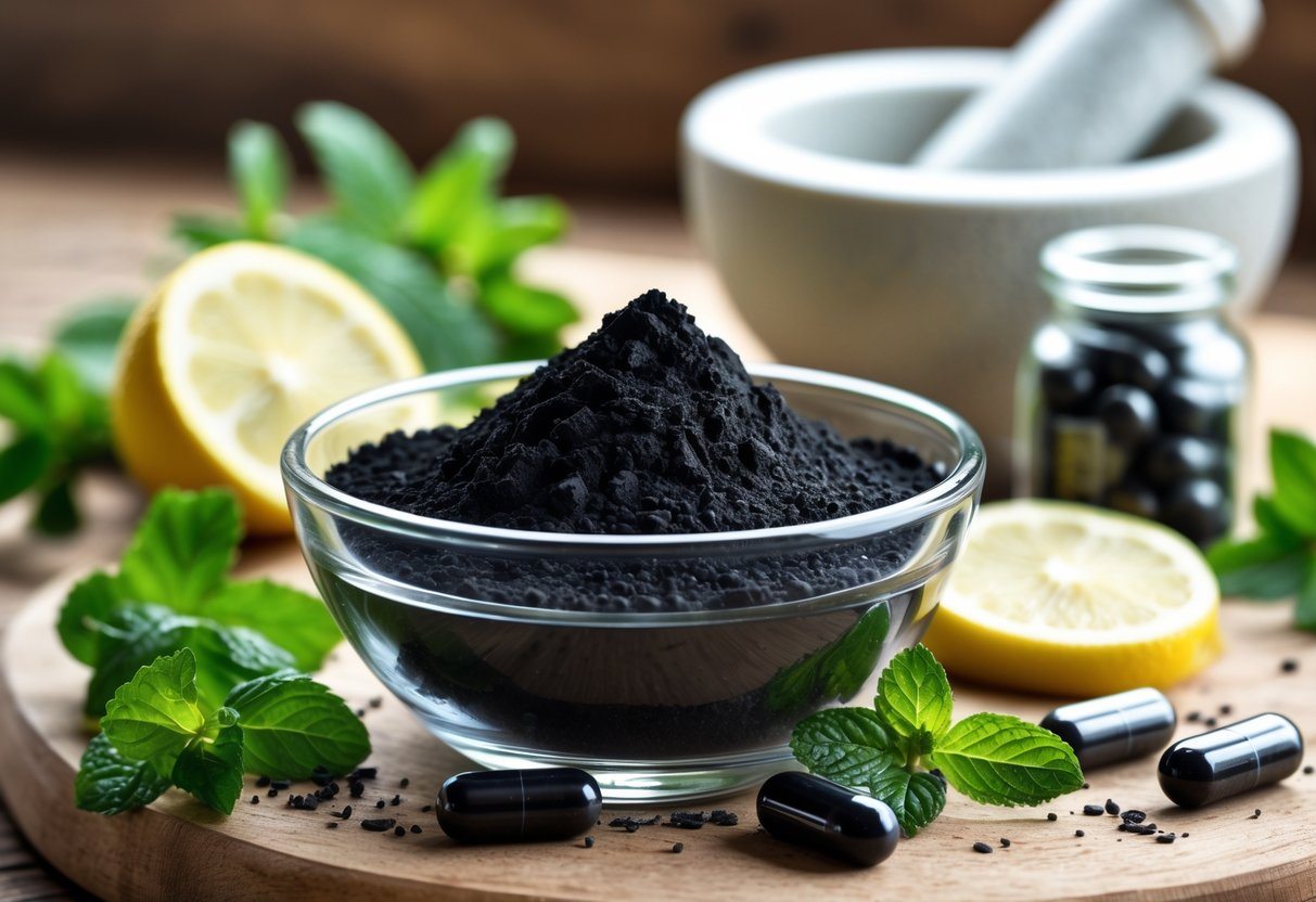 Tigela de vidro com pó preto de carvão ativado sobre uma superfície de madeira, cercada por folhas de hortelã e fatias de limão.