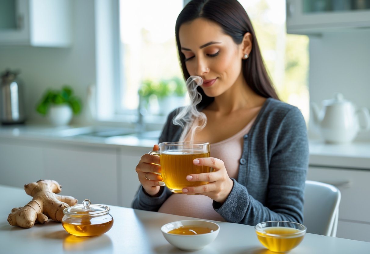 Mulher grávida sentada à mesa da cozinha segurando uma xícara de chá de gengibre, com gengibre fresco e mel sobre a mesa.