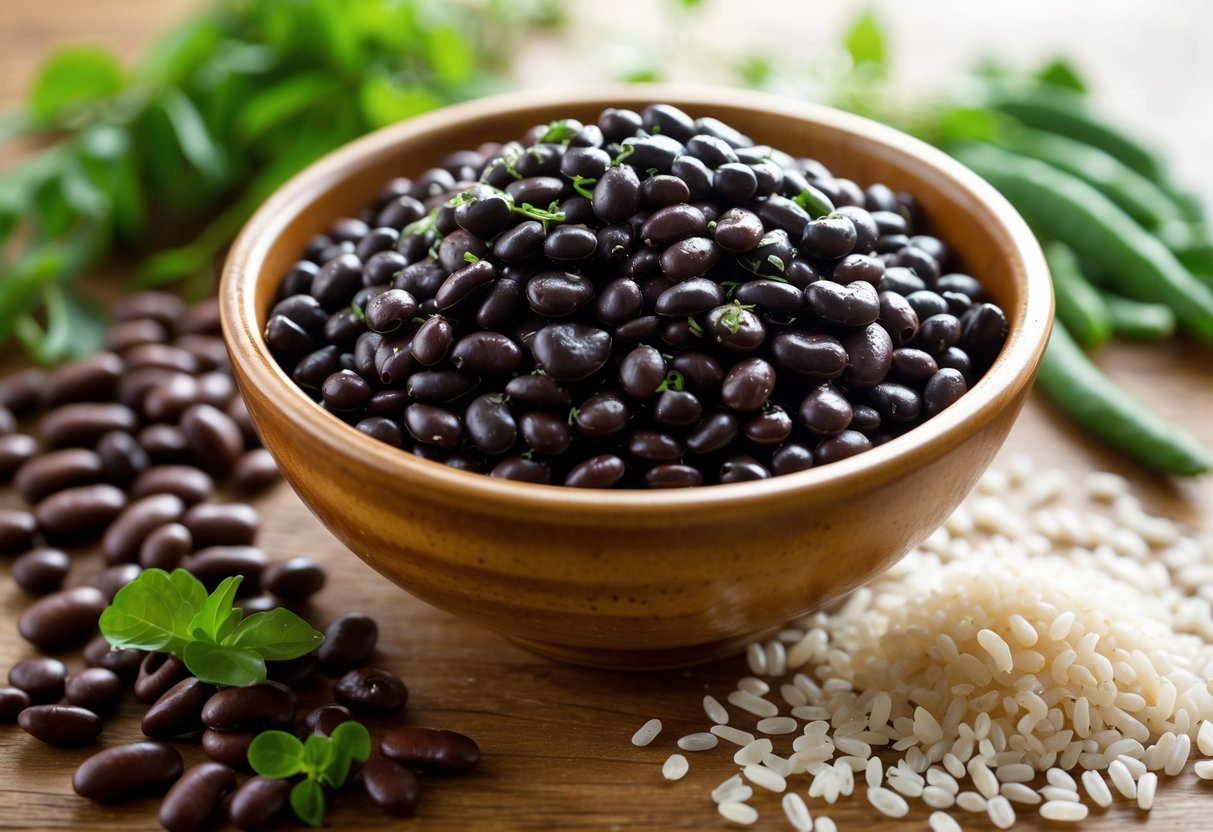 Tigela com feijão preto cozido sobre mesa de madeira, cercada por ingredientes frescos como ervas e grãos de arroz.