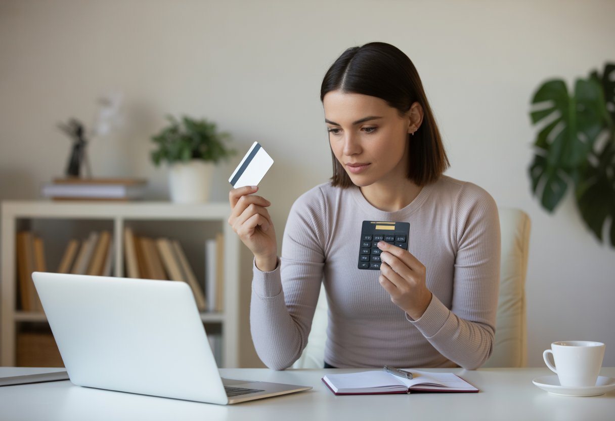 Mulher jovem sentada em uma mesa organizada, olhando para um laptop, segurando um cartão de crédito e uma calculadora, em um ambiente claro e tranquilo.