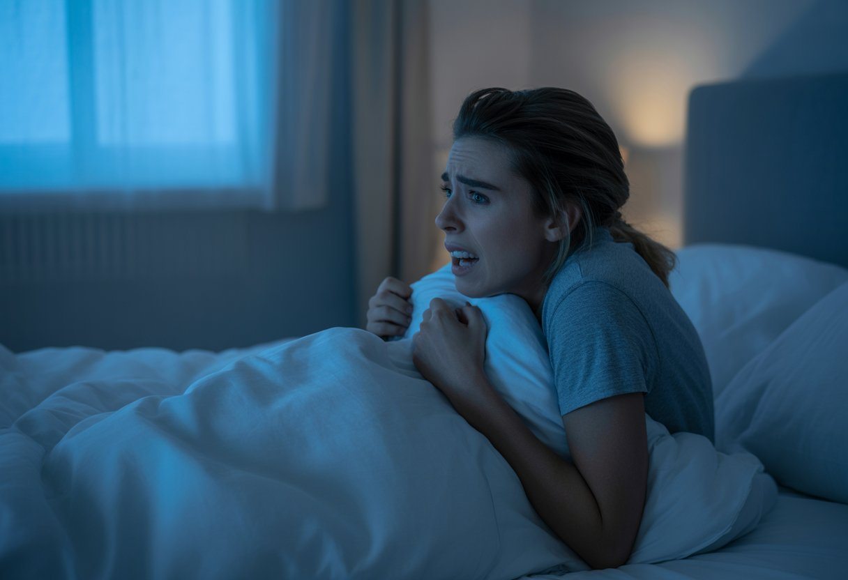 Pessoa acordada na cama durante a noite, com expressão de ansiedade e tensão, segurando os lençóis.