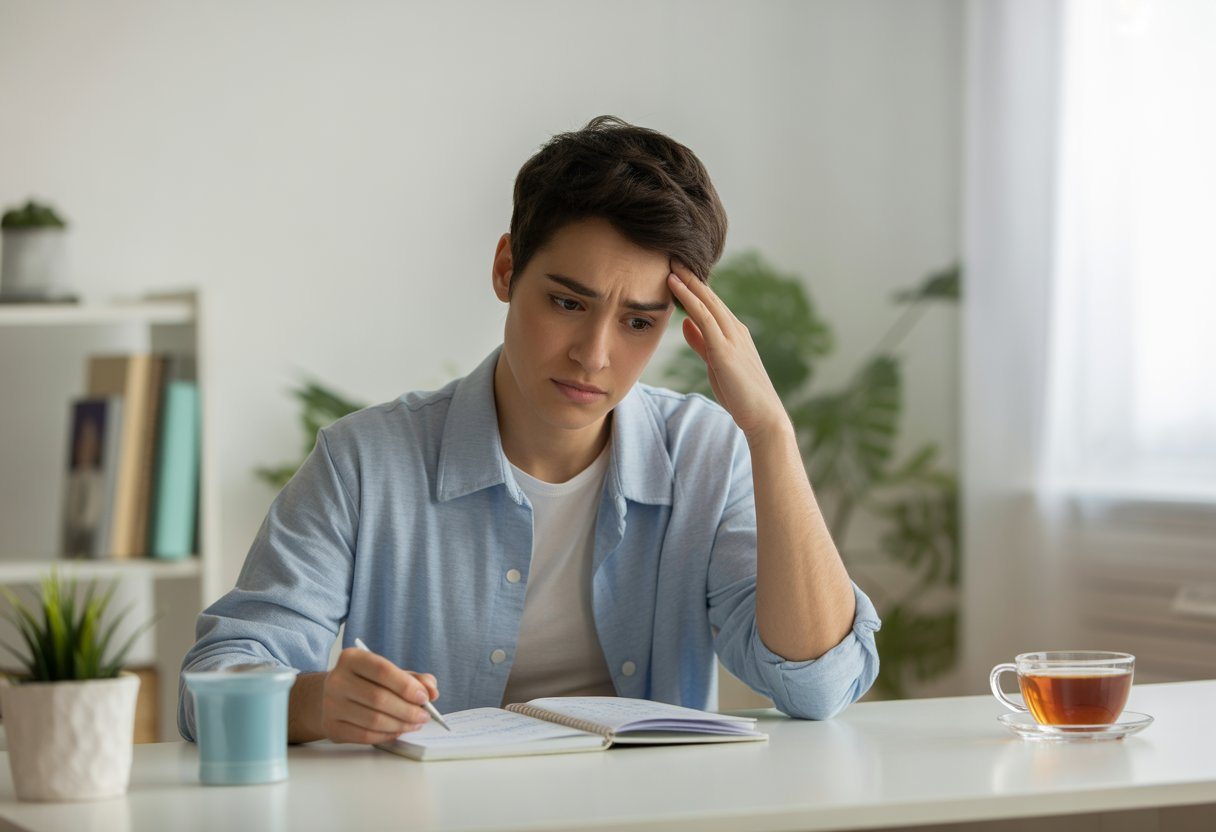 Pessoa jovem pensativa sentada à mesa, com expressão preocupada, escrevendo em um caderno em um ambiente claro e organizado.