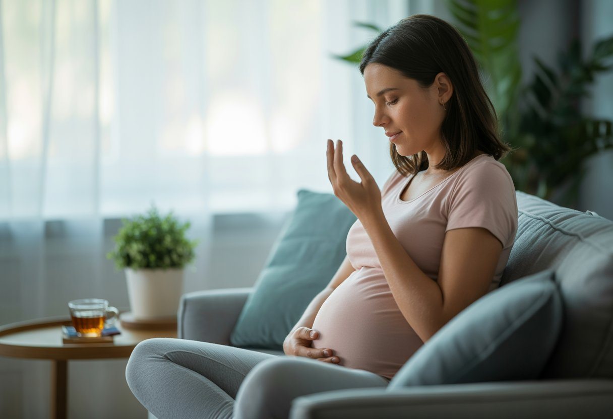 Mulher grávida sentada em uma sala acolhedora, com os olhos fechados e a mão na barriga, em um momento de calma e relaxamento.