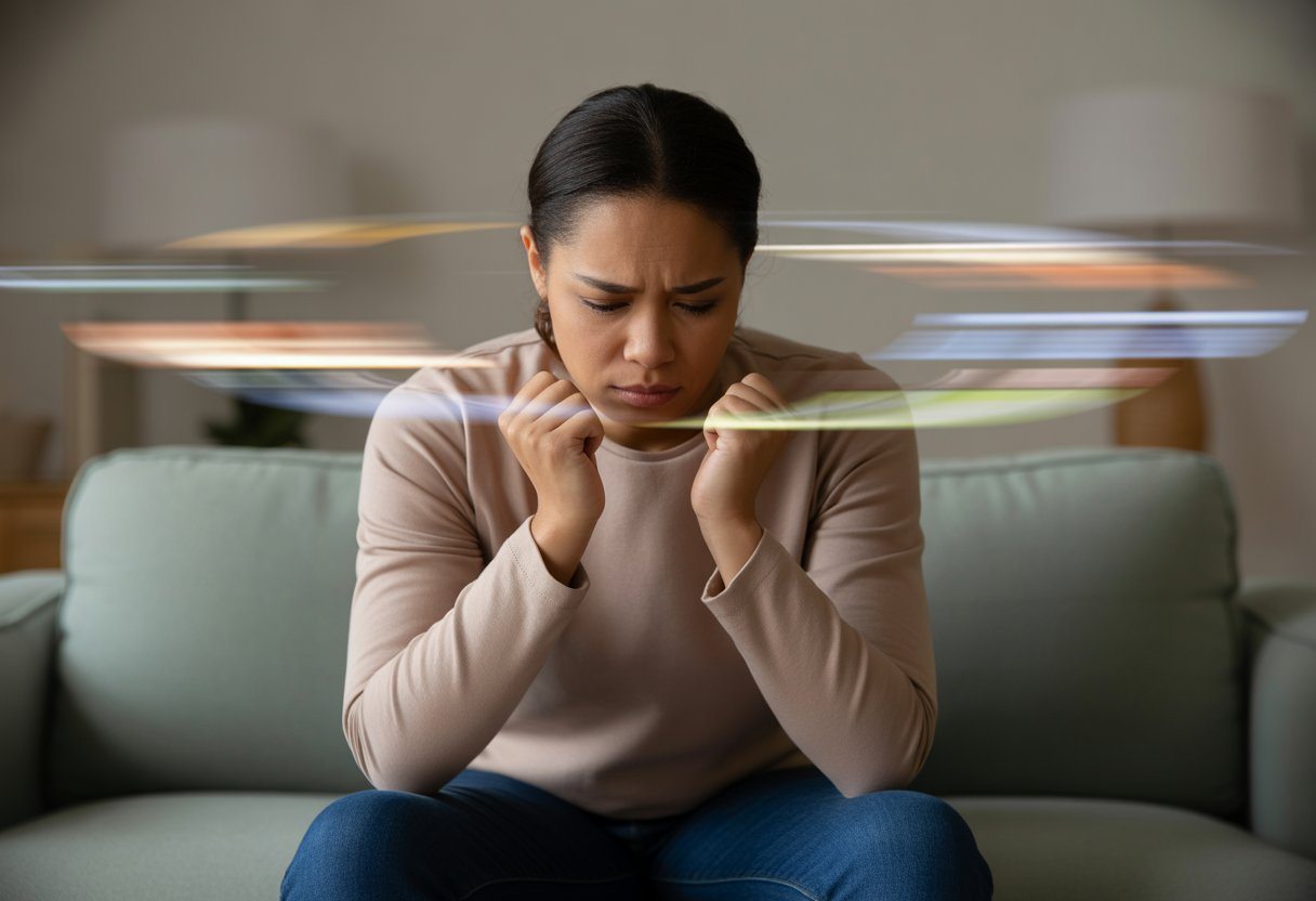 Pessoa sentada sozinha em um ambiente moderno, com expressão pensativa e angustiada, transmitindo luta interna e desregulação emocional.