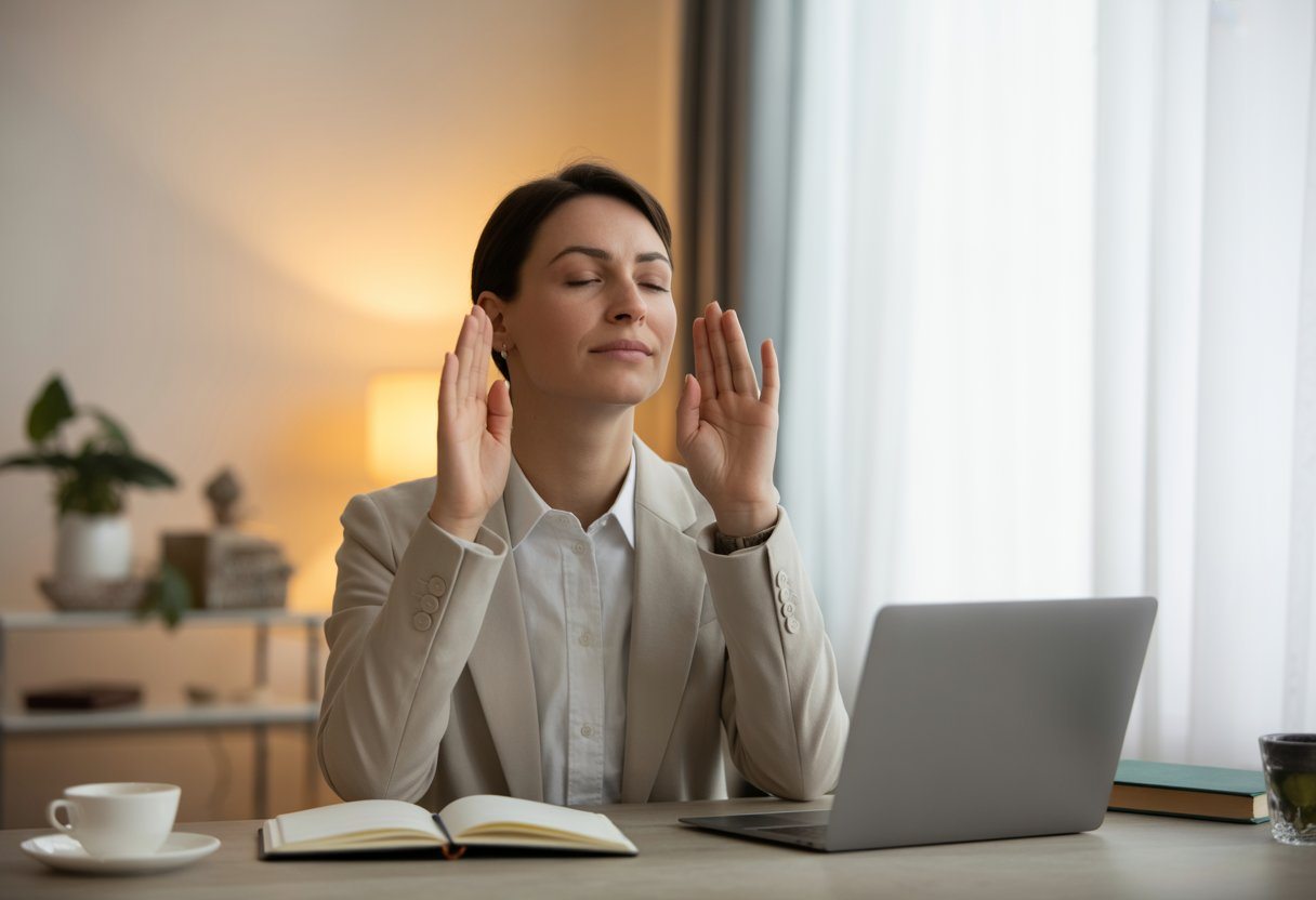 Pessoa sentada em uma mesa, com os olhos fechados e expressão tranquila, respirando fundo em um ambiente organizado e iluminado pela luz natural.