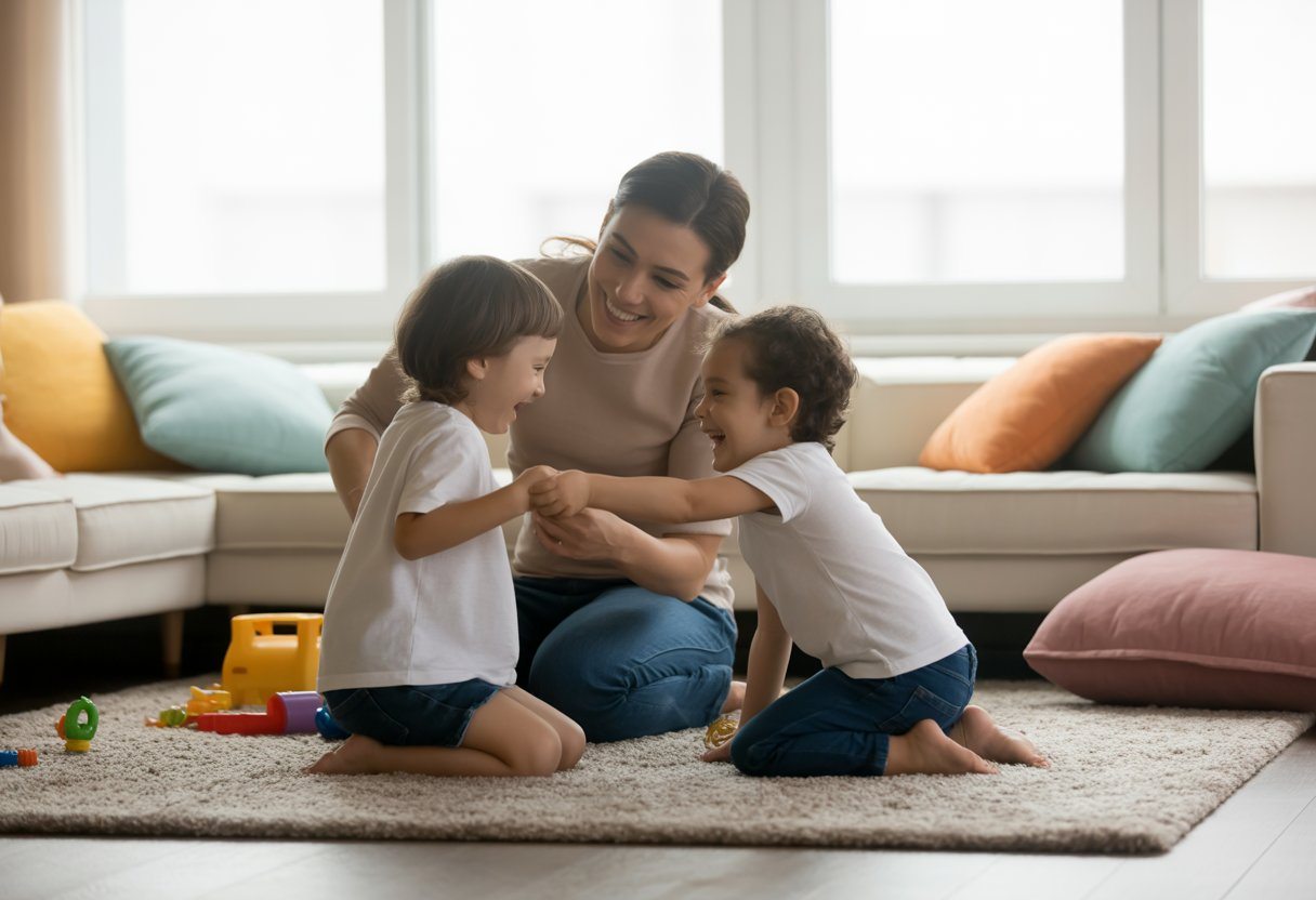 Pai ou mãe brincando e sorrindo com dois filhos em uma sala de estar iluminada e aconchegante.