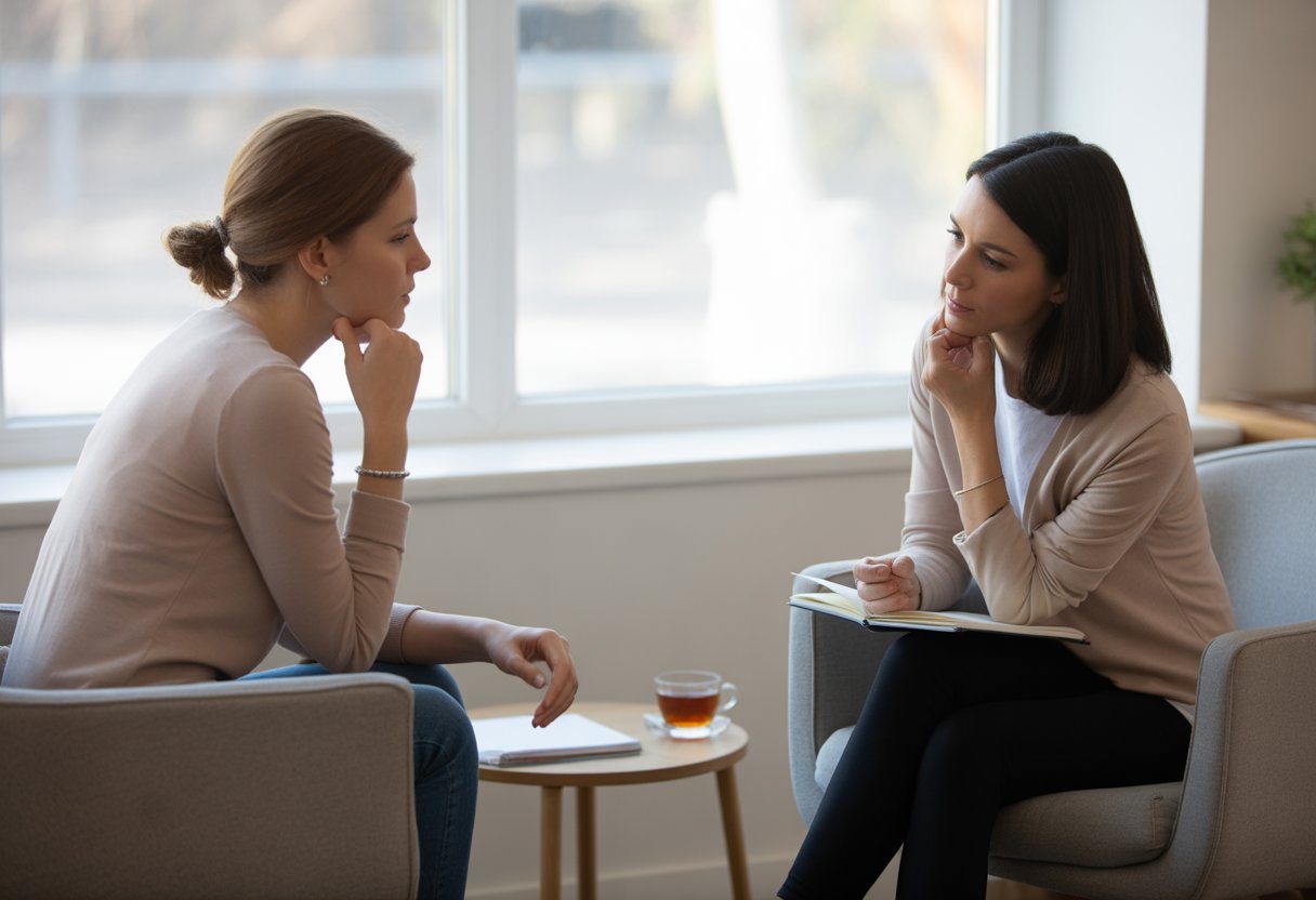 Sessão de terapia entre uma terapeuta e uma jovem mulher em um consultório iluminado e acolhedor.