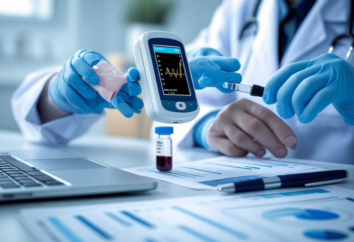 Mãos de um profissional de saúde segurando um medidor digital de glicose em um laboratório médico com documentos e laptop ao fundo.