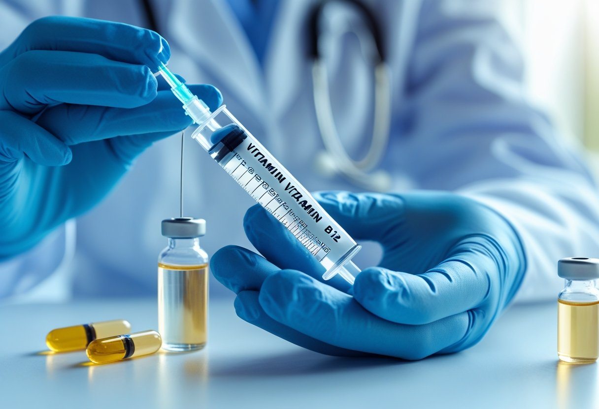 Mãos de profissional de saúde com luvas azuis segurando uma seringa com líquido transparente, com frascos e cápsulas de vitamina B12 ao fundo em ambiente clínico.
