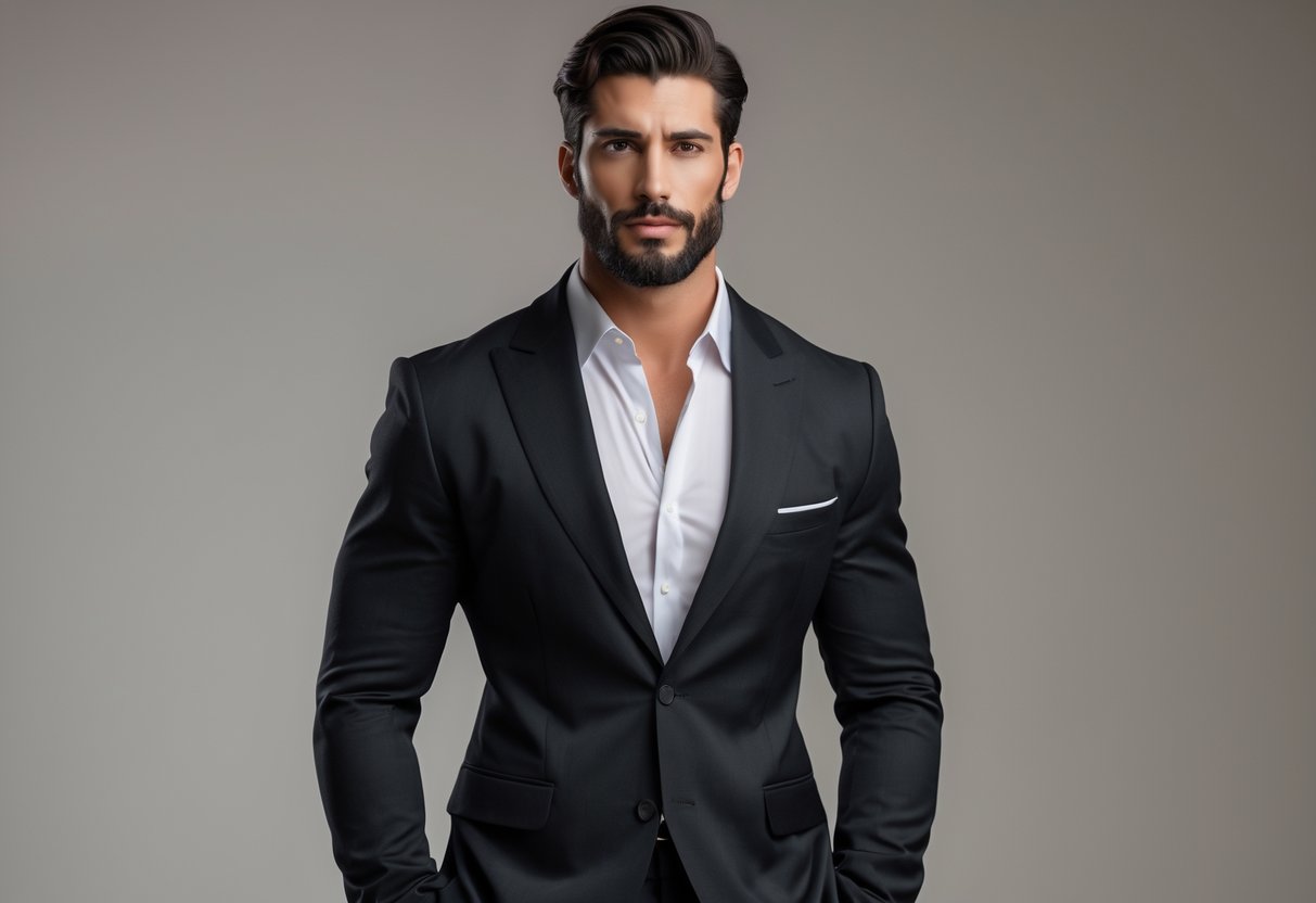 Homem alto e elegante de terno preto em pé, com expressão confiante, em fundo neutro.
