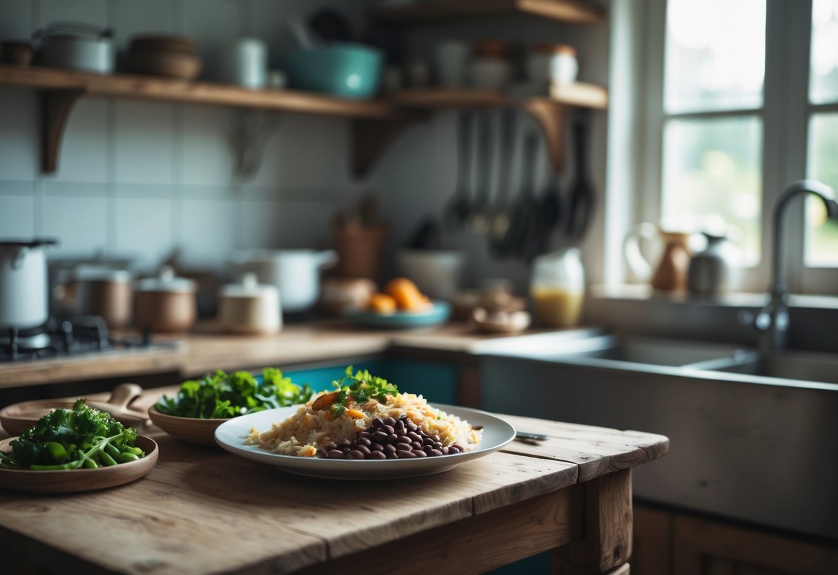 Cozinha simples com mesa de madeira, prato caseiro com arroz, feijão e legumes, e prateleira com utensílios de cozinha ao fundo.