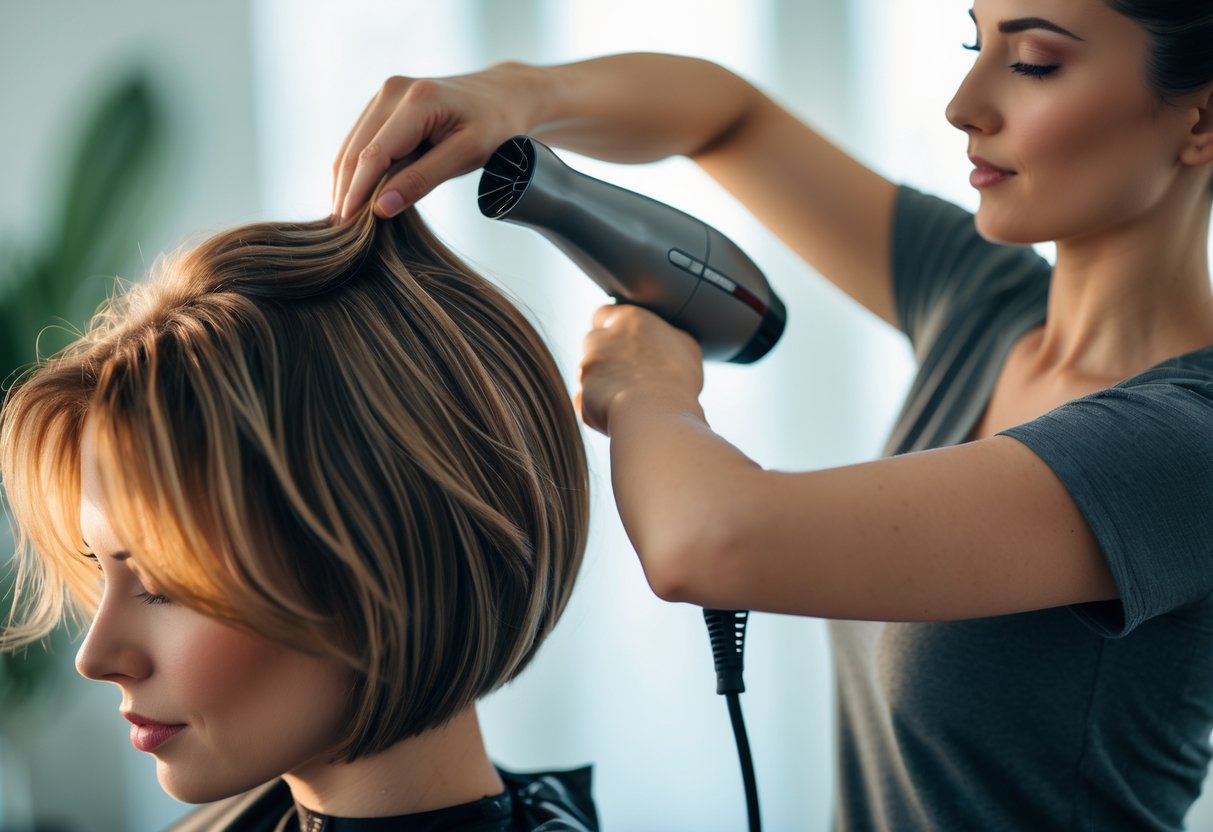 Uma pessoa usando um secador de cabelo na cabeça de outra pessoa em ambiente interno.