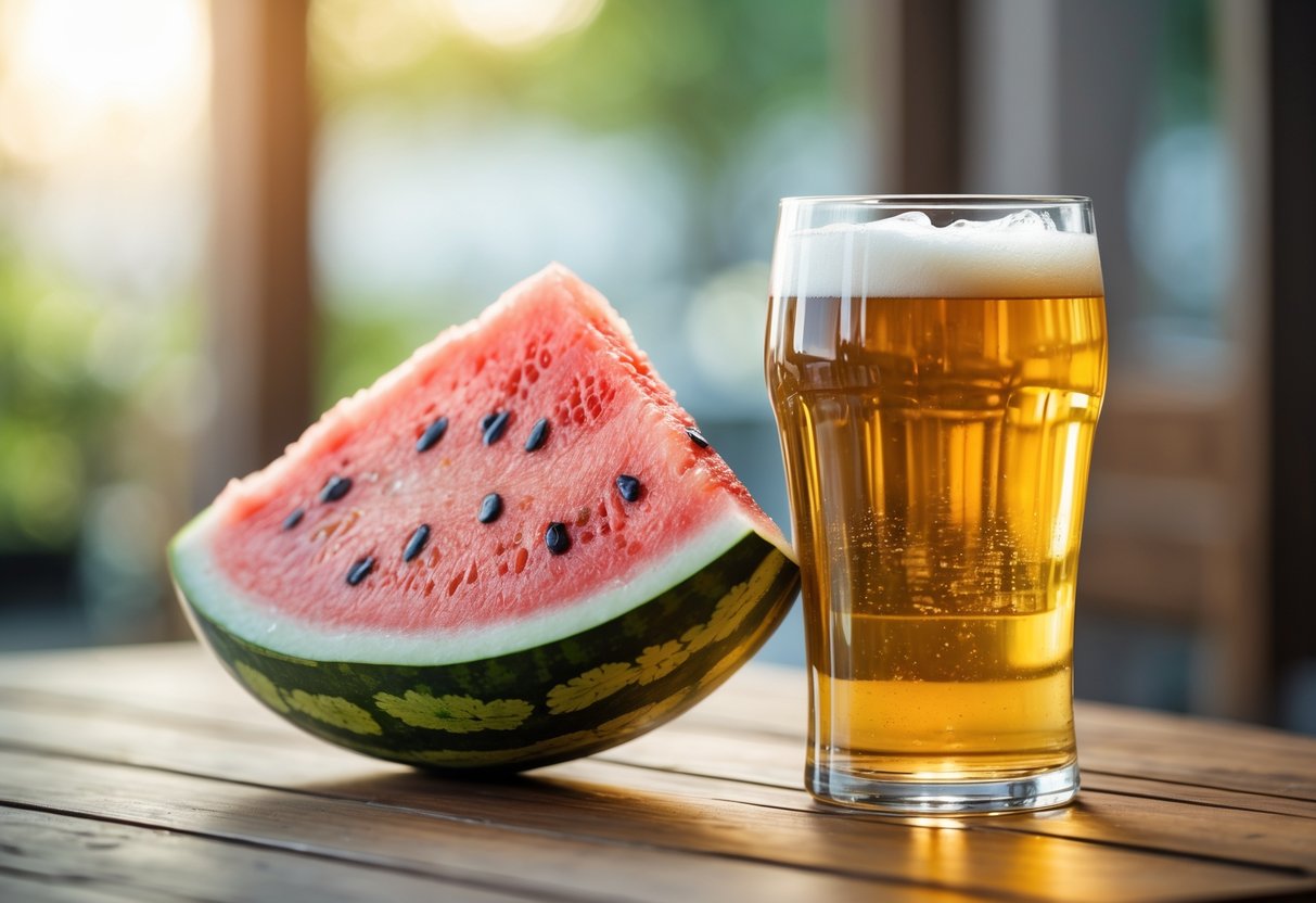 Fatia de melancia fresca ao lado de um copo de cerveja gelada sobre uma mesa de madeira.