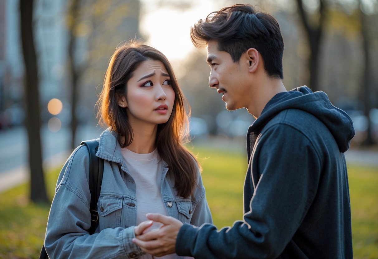 Um casal jovem em um parque urbano, com a mulher parecendo pensativa e triste, e o homem com expressão esperançosa, estendendo a mão para ela.