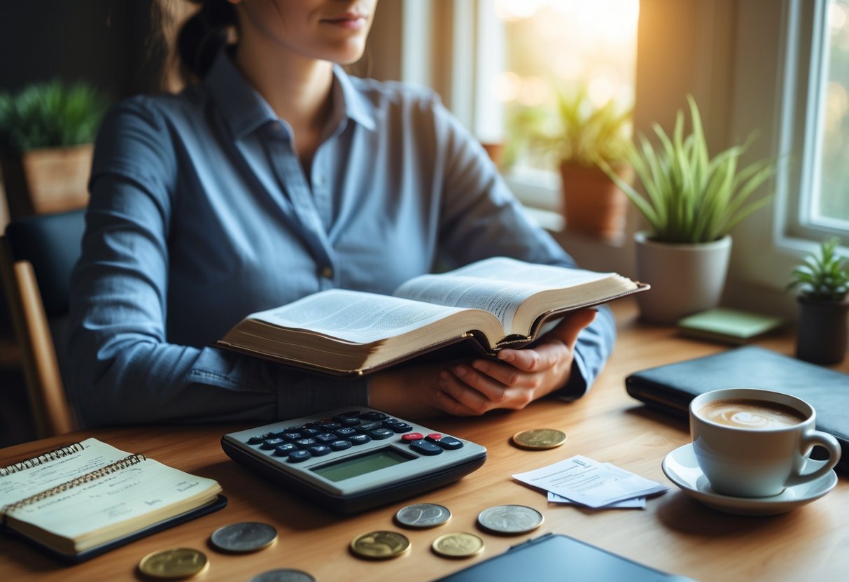Pessoa sentada em uma mesa de madeira em um escritório em casa, lendo a Bíblia, com calculadora e anotações financeiras ao redor.