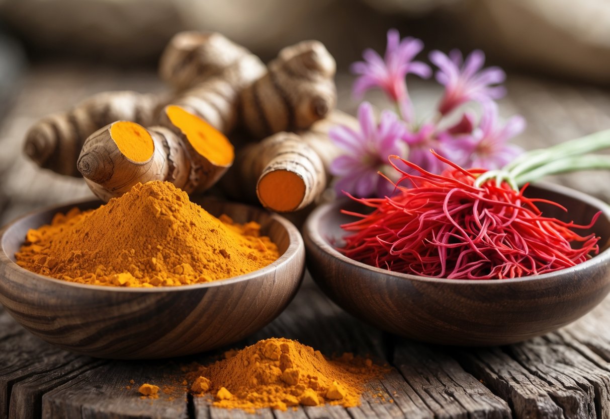 Duas tigelas de madeira lado a lado, uma com pó de cúrcuma e raízes frescas, outra com fios vermelhos de açafrão e flores de açafrão ao lado, sobre uma superfície de madeira.