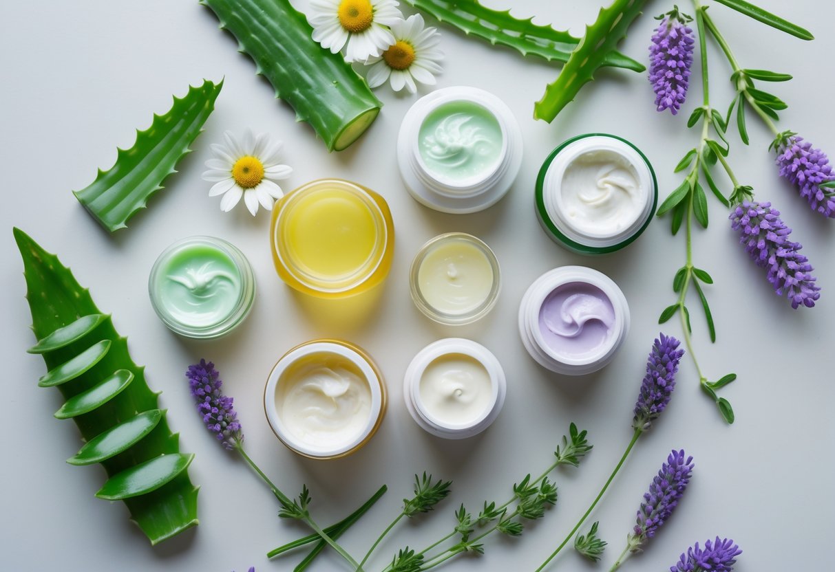 Vários potes e tubos de pomadas para cicatrização dispostos sobre uma superfície branca, acompanhados por folhas de aloe vera e flores naturais.