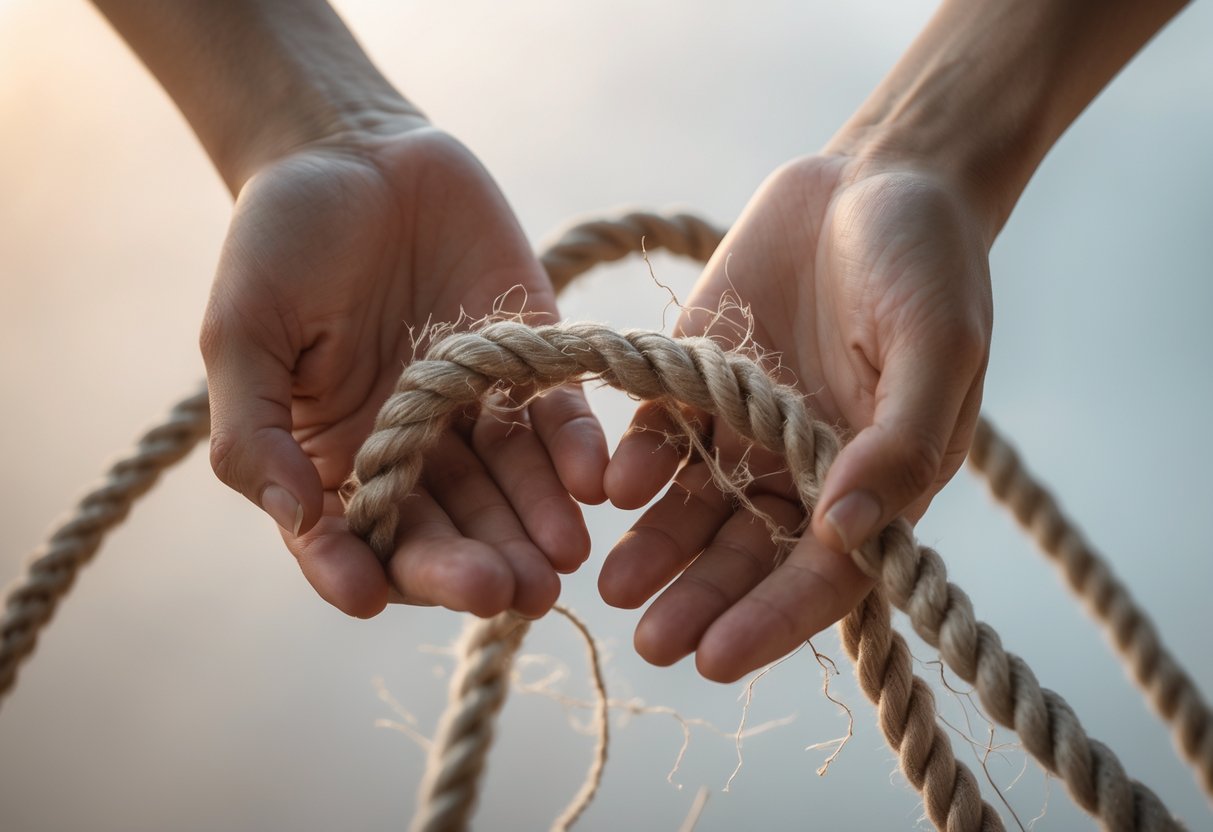 Duas mãos próximas com uma corda desfiando e se soltando entre elas, simbolizando o fim de uma ligação.