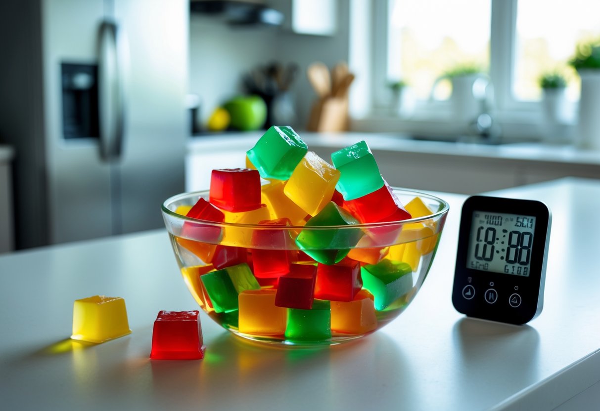 Tigela de vidro transparente com cubos coloridos de gelatina sobre bancada de cozinha branca, com um timer digital ao lado e cozinha moderna desfocada ao fundo.