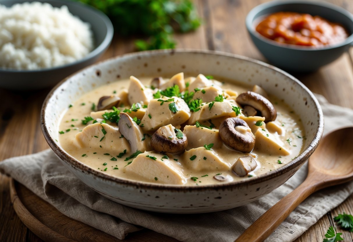 Prato de estrogonofe de frango cremoso servido em uma tigela branca sobre uma mesa de madeira, acompanhado de arroz branco e decorado com salsa picada.