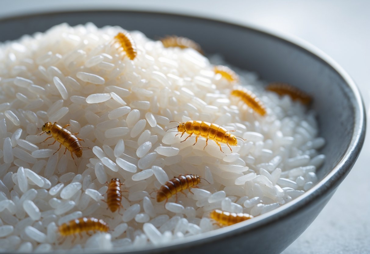 Tigela de arroz branco cozido com pequenas larvas visíveis sobre o arroz.