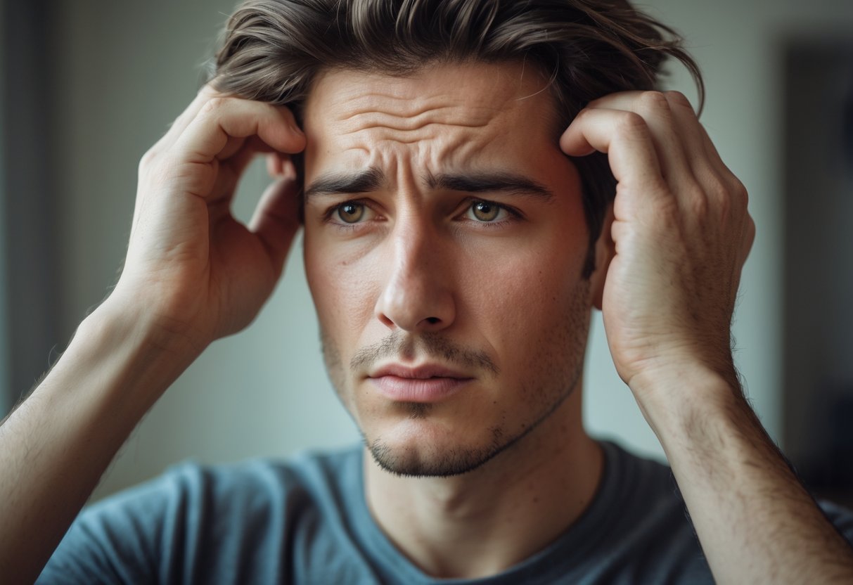 Homem jovem puxando o cabelo com expressão pensativa e levemente estressada.