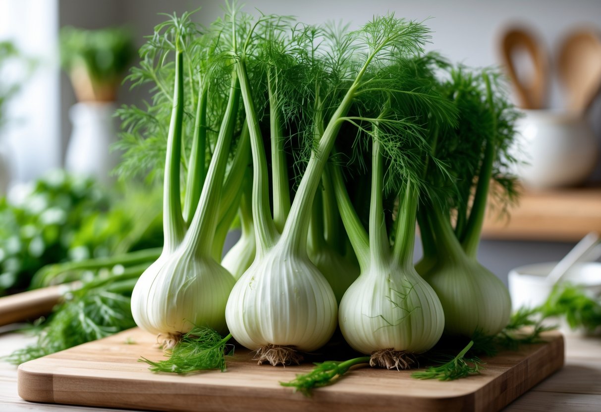 Bulbos frescos de erva doce com folhas verdes sobre uma tábua de madeira em uma cozinha.