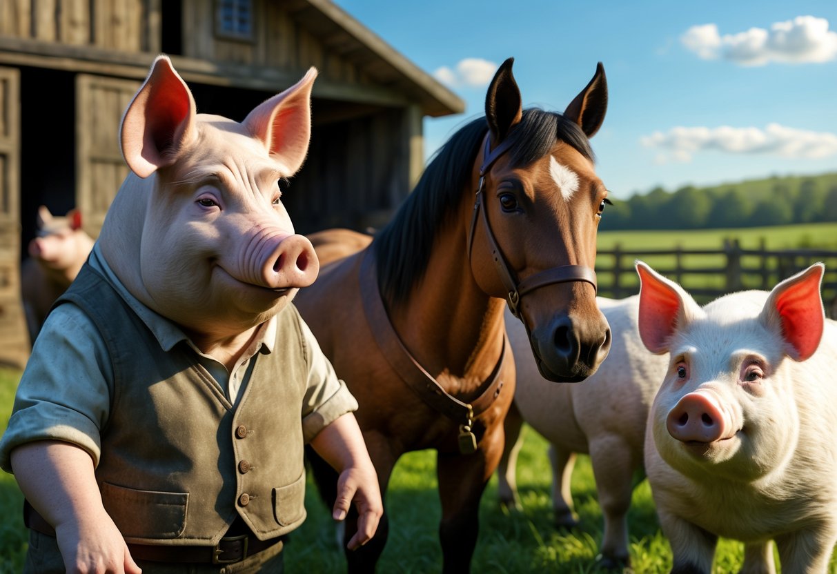 Animais de fazenda reunidos em um terreiro, incluindo porcos, um cavalo e um corvo, com expressões que sugerem uma reunião importante.