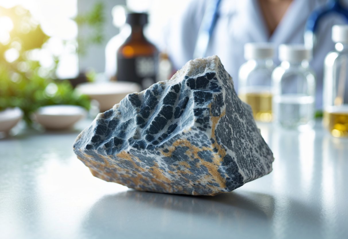 Pedra Hume sobre uma superfície branca com um fundo desfocado que sugere um ambiente de laboratório ou bem-estar.