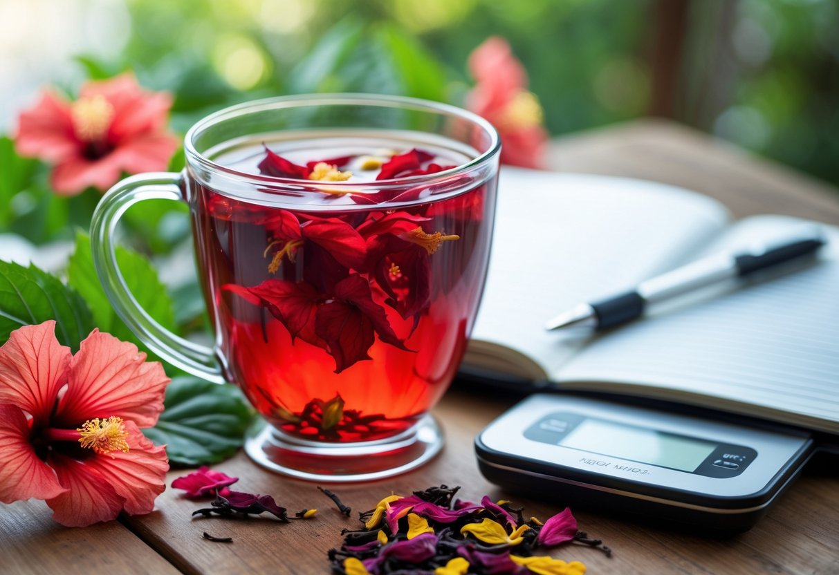 Uma xícara de chá de hibisco vermelho com flores frescas ao redor sobre uma mesa de madeira, com uma balança digital e um caderno ao fundo.